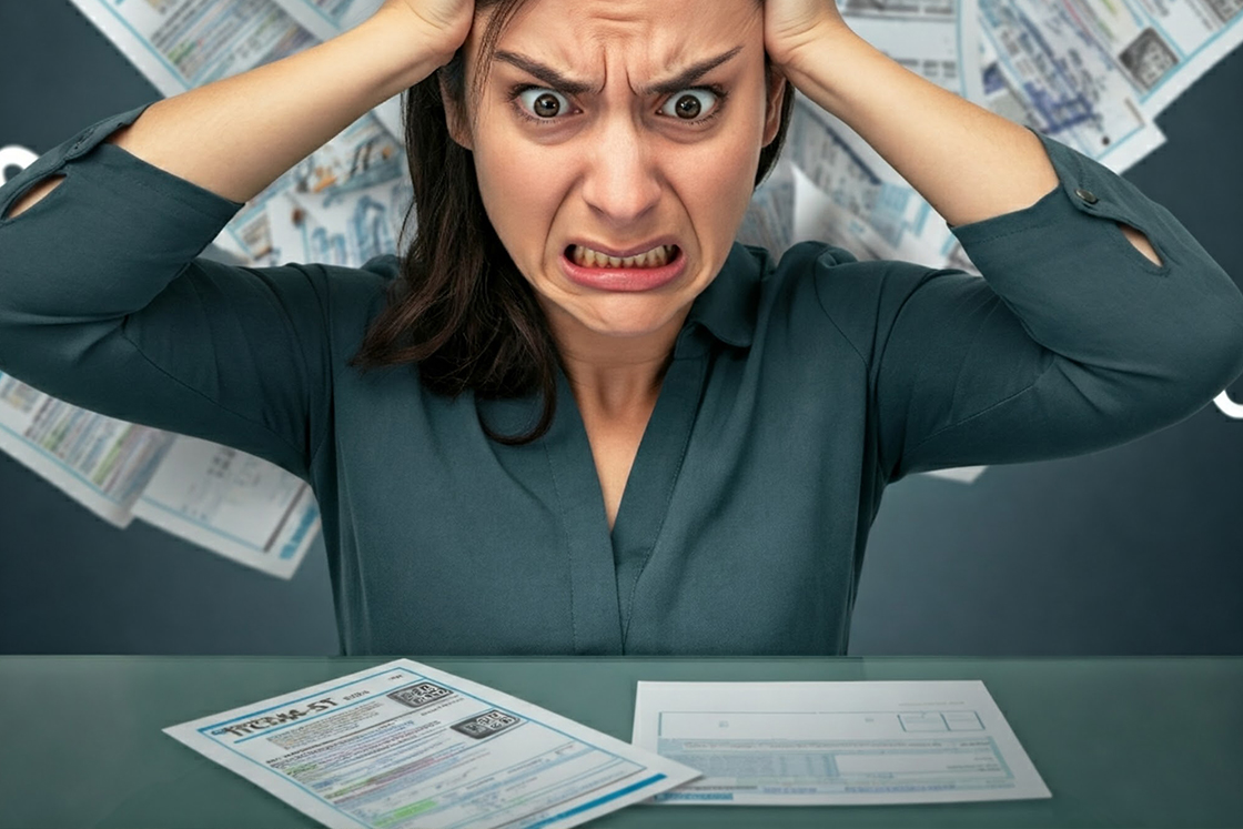 Uma ilustração de uma pessoa confusa em um labirinto de documentos fiscais, representando os desafios do ICMS-ST